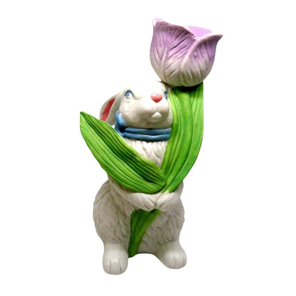Porcelain Bunny Figurine with Blue Ribbon Purple Tulip Flower Taper Candle Holde